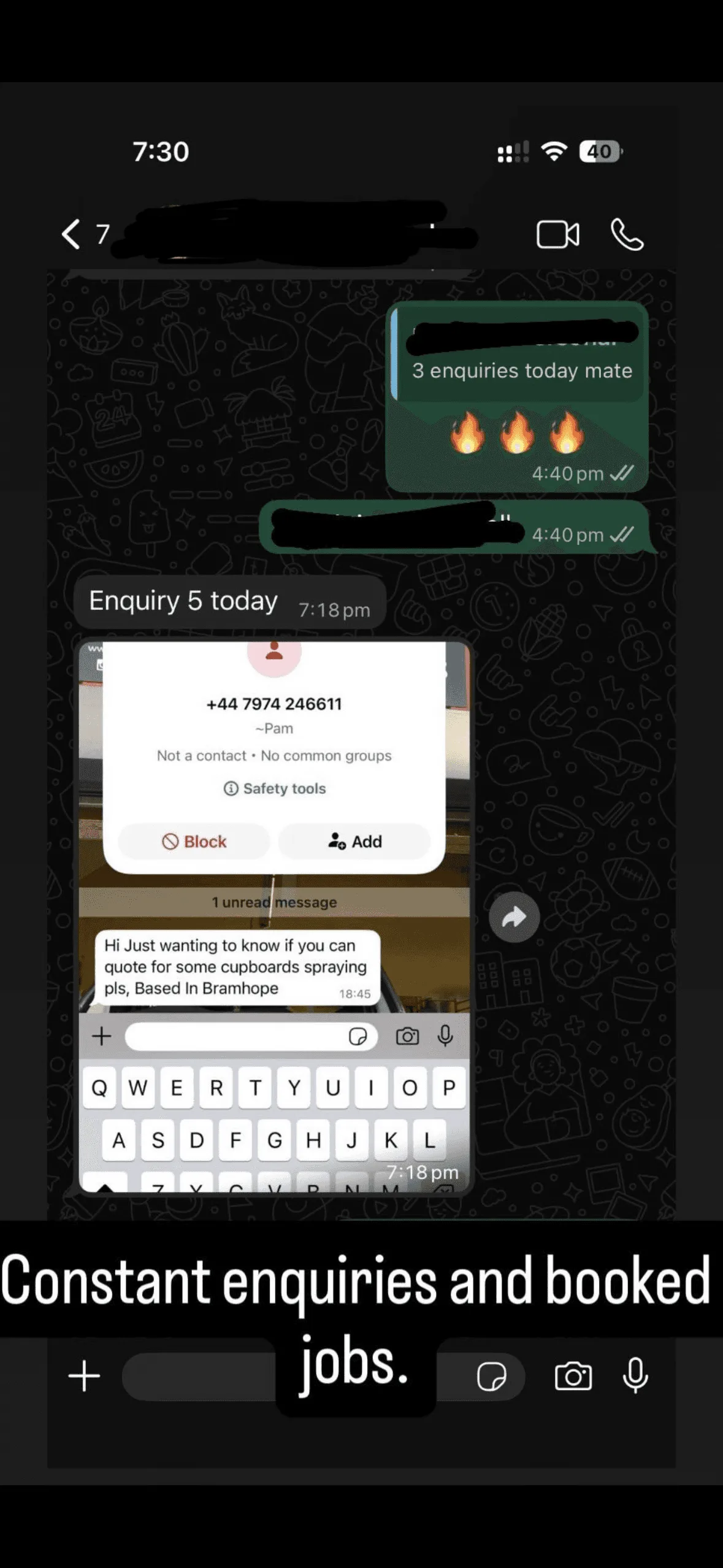 Client WhatsApp message showing constant enquiries and booked jobs