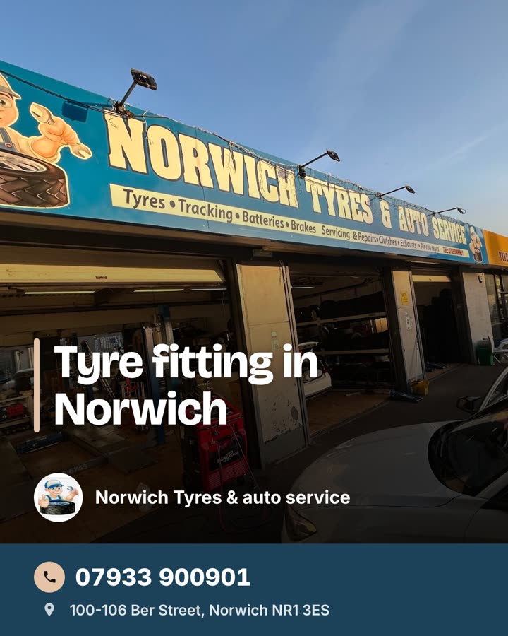 A post for Norwich Tyres: a photo of their shopfront, the headline Tyre fitting in Norwich, and their phone number and address
