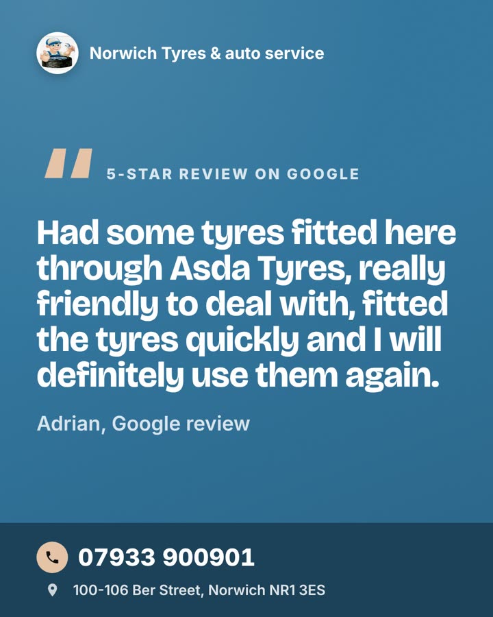 A post for Norwich Tyres: a 5-star Google review from a customer, word for word, with their phone number and address