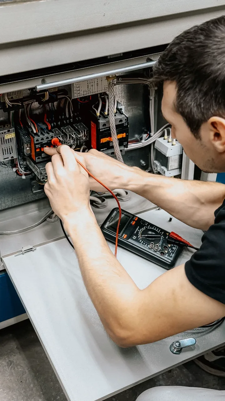 Electrician testing a consumer unit with a multimeter on a call-out